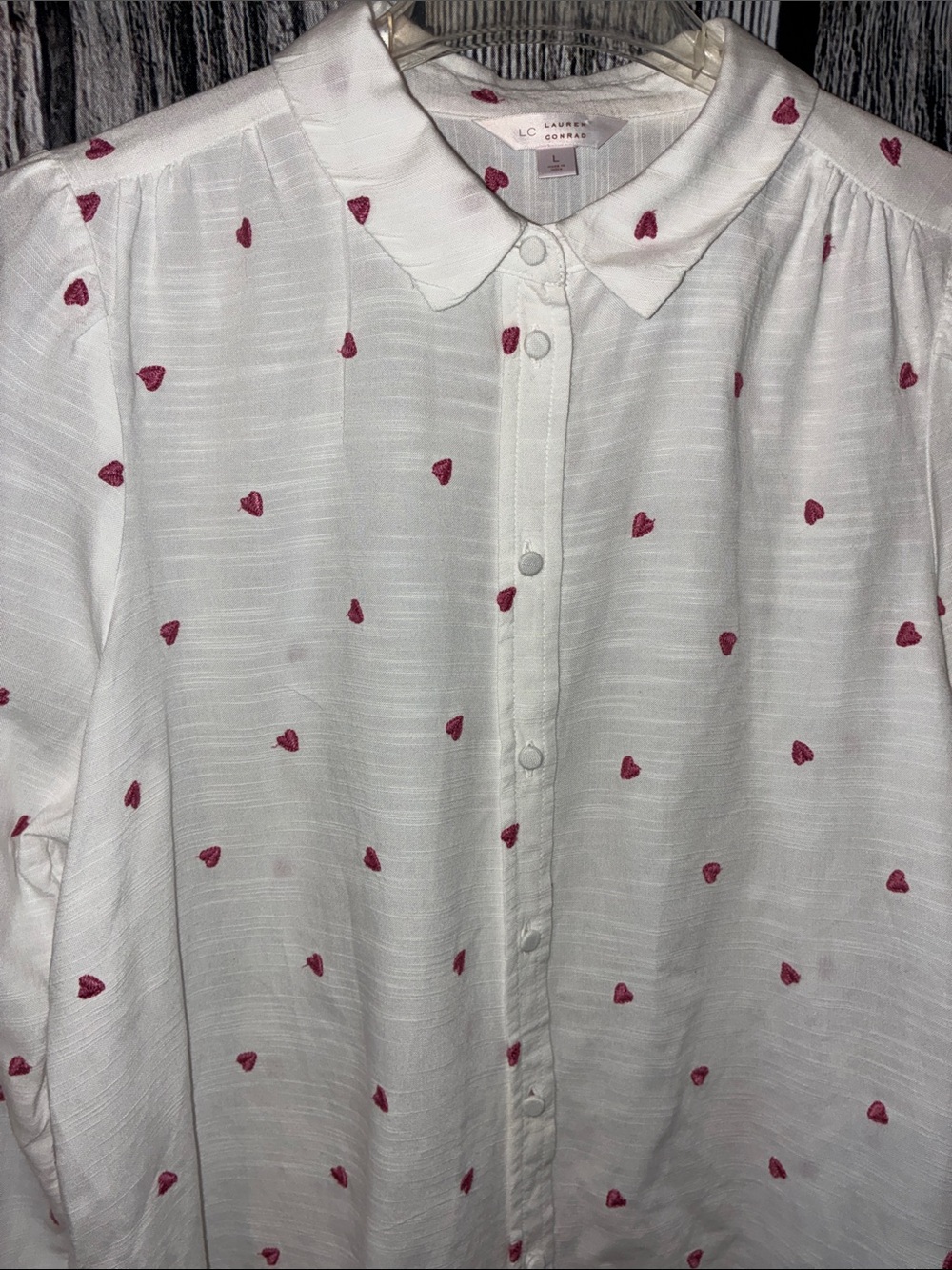 Lauren Conrad, Women’s L, White Button-Up Shirt with Pink Heart Print